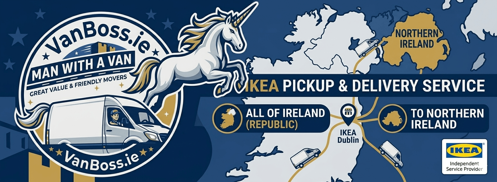 Van Boss IKEA pickup and delivery service map covering all of Ireland and Northern Ireland